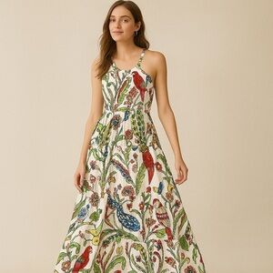 Tuckernuck Guadalupe Design  Cream Tiered Maxi Tibet Folklore Bird Print